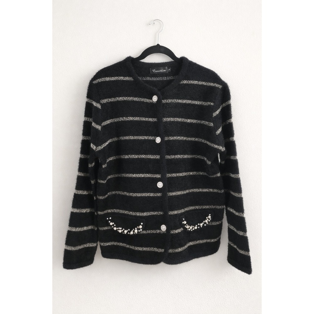 Pearl Detail Cardigan Women's Large Black Fuzzy Sweater Coquette Old Money Soft
